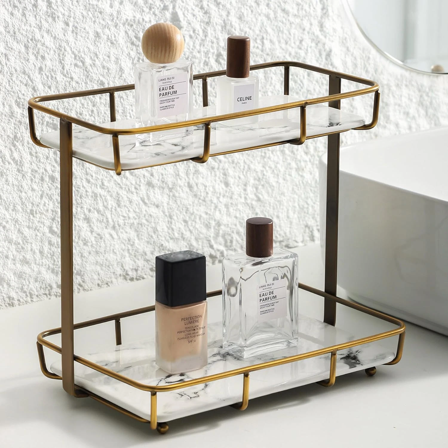 2-Tier Bathroom Organizer Cosmetics Display Rack Marble Print Ceramic Tray