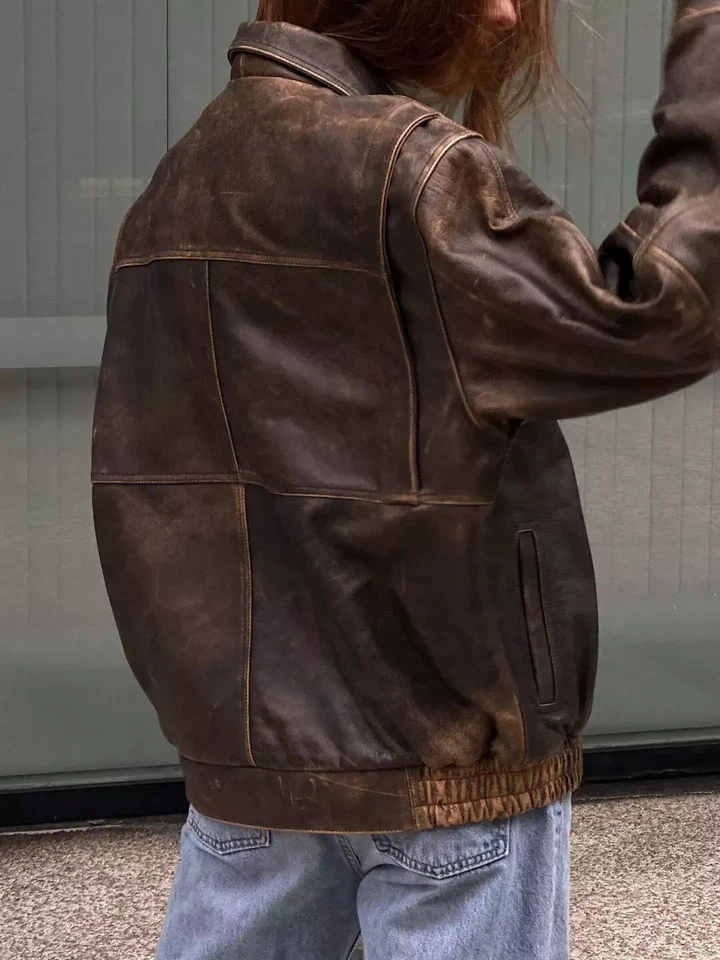 Jaqueta feminina oversized desgastada vintage marrom couro genuíno rachado macia - Imagem 3 de 4