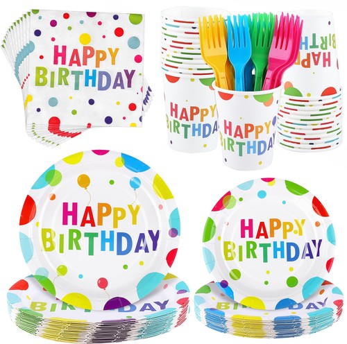 Kochorie 144 Pieces Happy Birthday Print Party Tableware Sets Including Dispo...