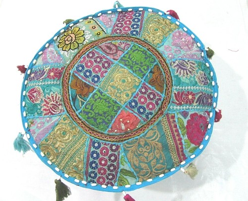 Khambadiya Floral Patchwork Round Bean Bag Pouf Ottoman Pouffe Cover Seat Stool - Picture 9 of 90