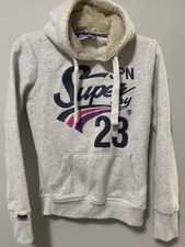 VINTAGE SUPERDRY Women Small Grey Hoodie Glitter Logo Cute Skate Japanese Style