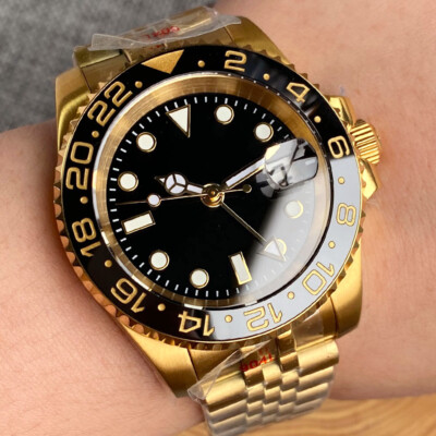 Tandorio  NH34 Gold Case GMT Automatic Men Watch Jubilee Bracelet Green Luminous