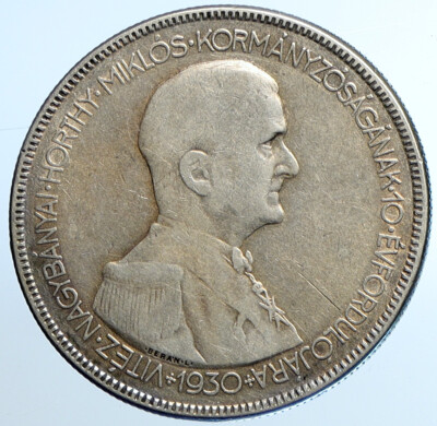 1930 HUNGARY Admiral Miklos Horthy Antique Silver 5 Pengo
