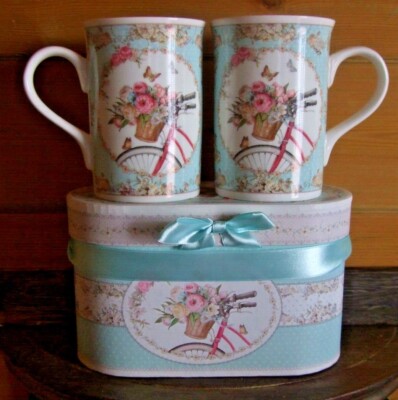 2er Set Fine China Cycle Tassen in Geschenkbox schönes Geschenk