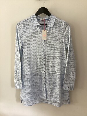 Brandneu mit Etikett wunderschönes White Stuff weiß & blau gemustertes Lottie Longline-Shirt für Damen, U