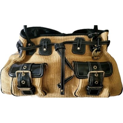 MICHAEL KORS Panama Tan Woven Handbag Blk Patent Large Drawstring Satchel Clean
