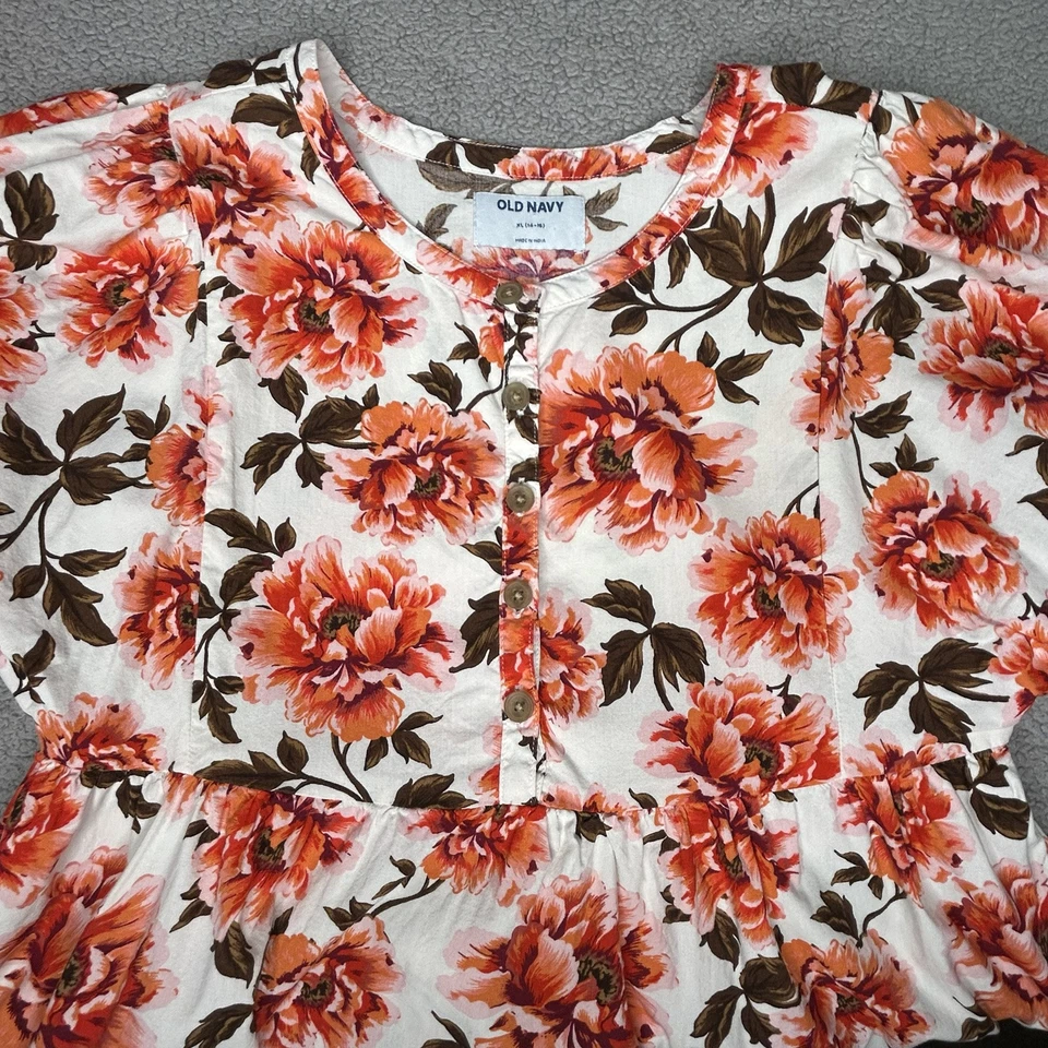 Antiguo Vestido Azul Marino Niñas XL 14-16 Crema Naranja Floral En Niveles 1/4 Botón Boho Primavera Foto 3 de 4