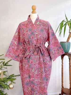 1 PC Indian block Print 100% cotton robe gown Hippie women maxi kimono dresses