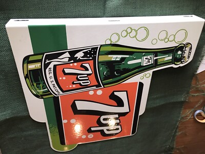 VINTAGE STYLE 7UP FLANGE 2 SIDED HEAVY BAKED PORCELAIN SIGN 18 X