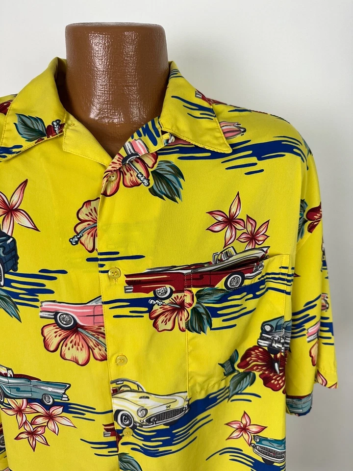 复古 90 年代经典汽车夏威夷衬衫男式大号花卉涤纶票房 — 第 2/4 张图片