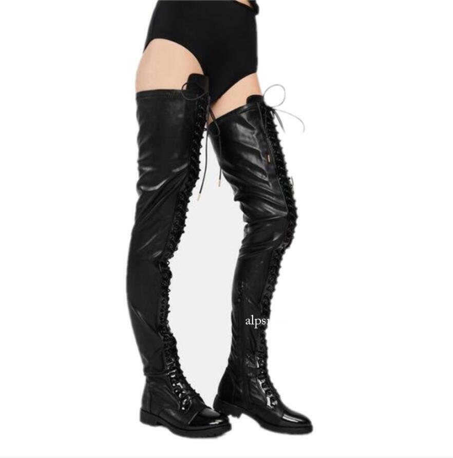 Womens Ladies Over The Knee Flat Thigh High Boots Low Heel Lace Up