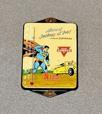 VINTAGE CONOCO SUPERMAN PORCELAIN THERMOMETER SIGN CAR GAS OIL TRUCK MOTORCYCLE
