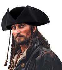 UQJE Authentic Black Pirate Hat for Adult Leather Tricorn One Size, Black-1 