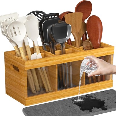 Bamboo Kitchen Utensil Holder   Large 6-Compartment with Absorbing Drying Stone