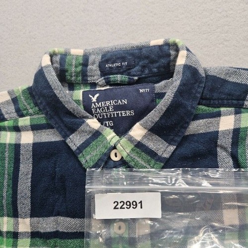 American Eagle Outfitters Men's XL Navy Green White Plaid Button Down Flannel - Picture 13 of 13
