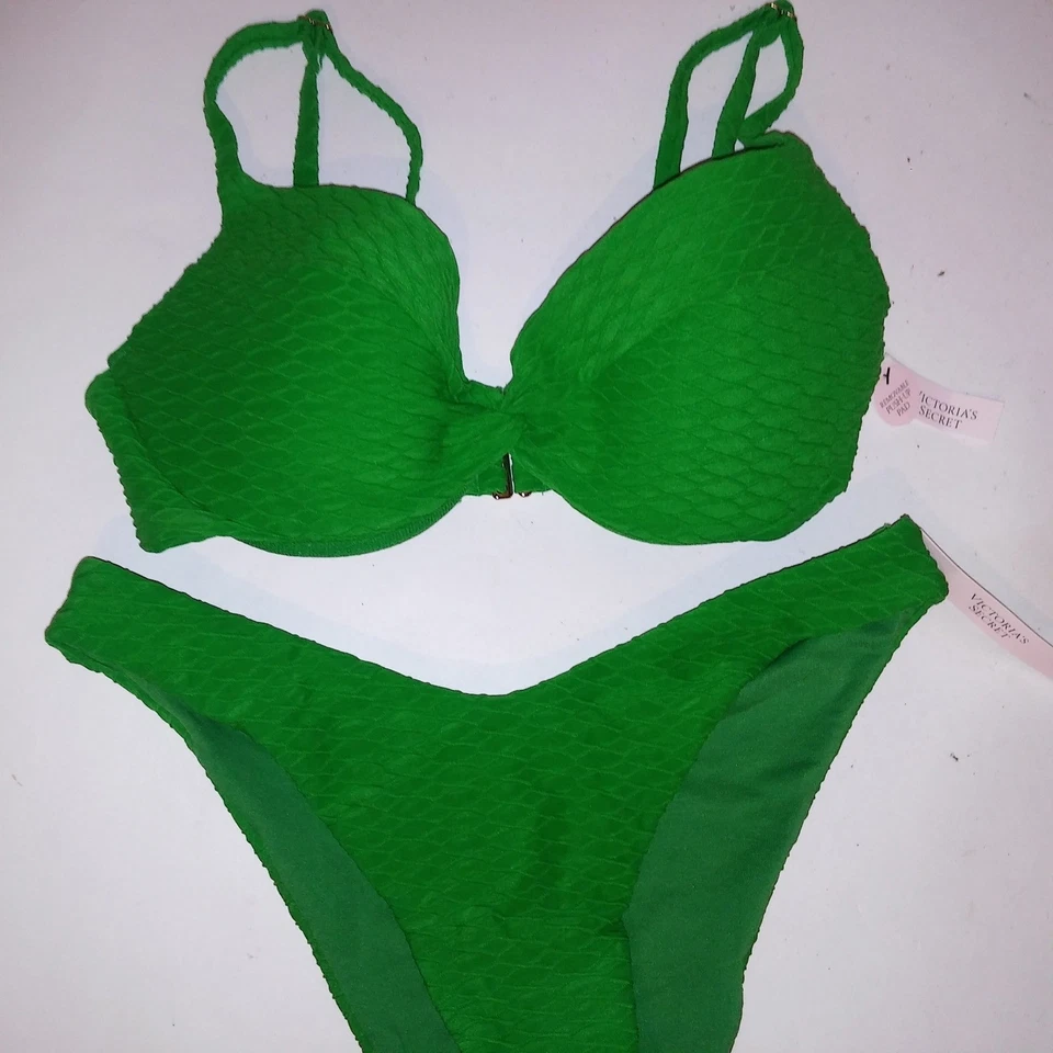 Biquíni de natação Victoria Secret 32D parte superior parte inferior pequena verde texturizado sólido - Imagem 2 de 4
