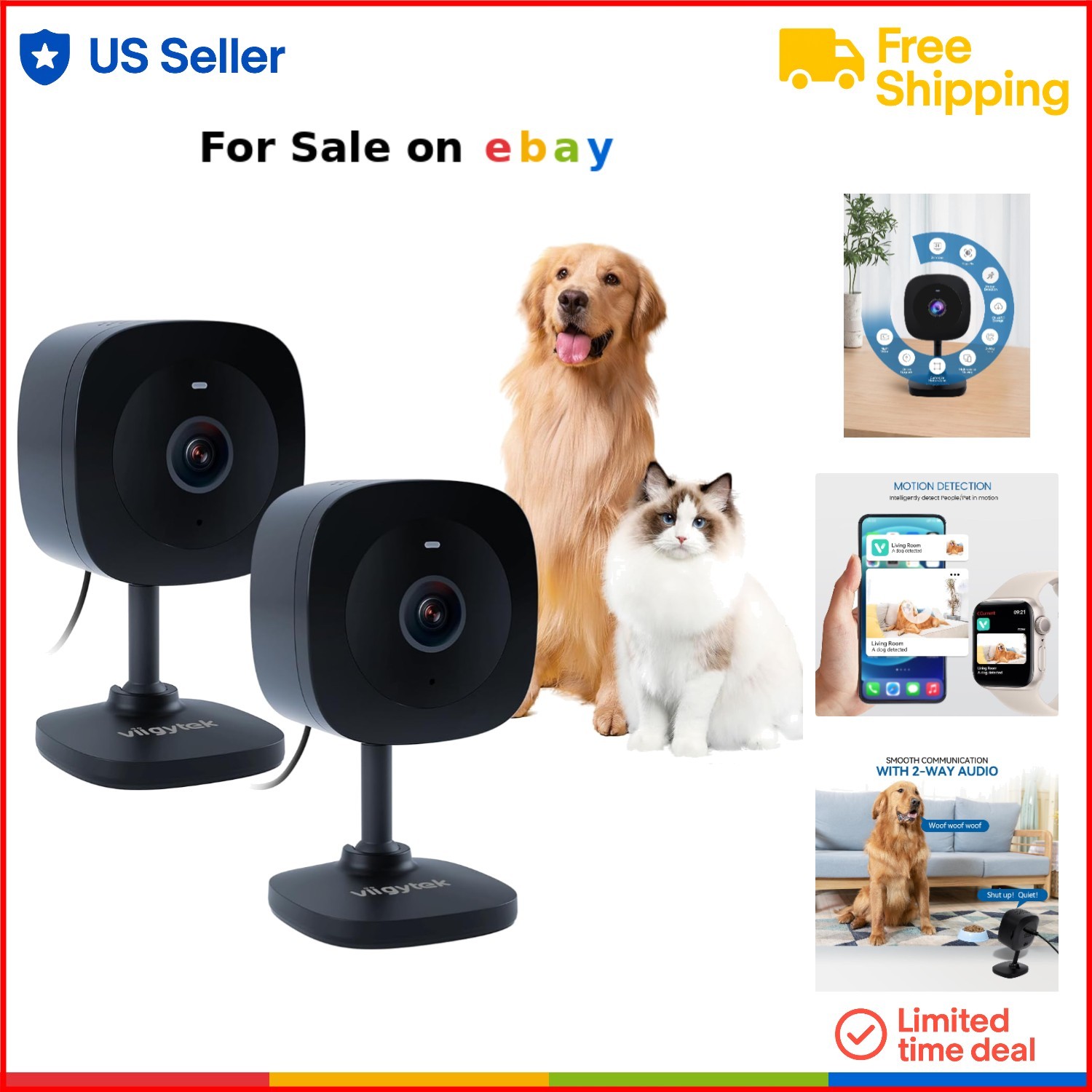 Indoor Pet Security Camera 2K HD Night Vision 2-Way Audio Motion Detection