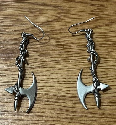Gothic Silver-colored Vine-Wrapped Battle Axe Dangle Drop Earrings