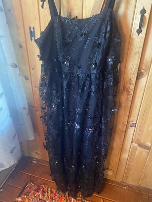 Women's Arula Black Long Dress Size 3X NWT   black lace & 3D flowers. Sparkles 