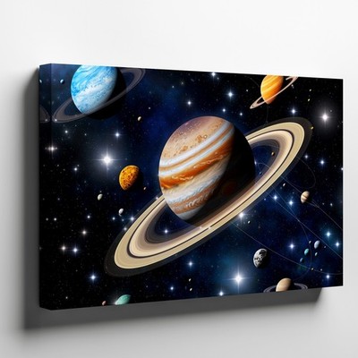 Wall Art In a mesmerizing cosmic tableau, a vibrant array of planets floats in