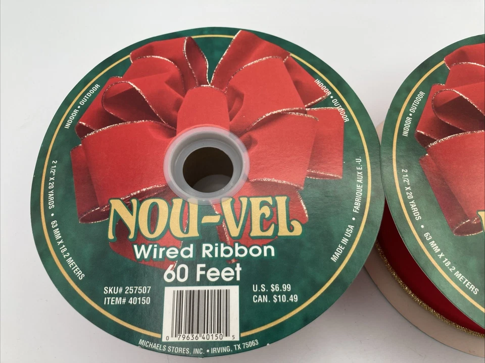 2 Vintage Nou-Vel Gold Edge Wired Red Velvet Ribbon Rolls Christmas 2.5" - Image 2 of 4