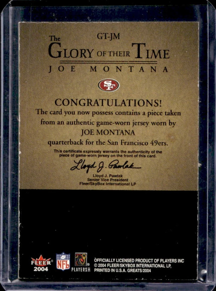 2004 Fleer Greats of the Game Joe Montana Glory Their Time Gold Jersey #GT-JM - Image 2 of 2