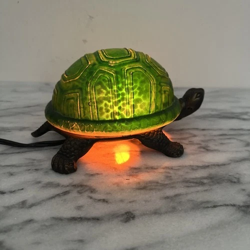 Vtg Tiffany Style Turtle Lamp Brass Cast Iron Green Glass Nightlight Art Nouveau