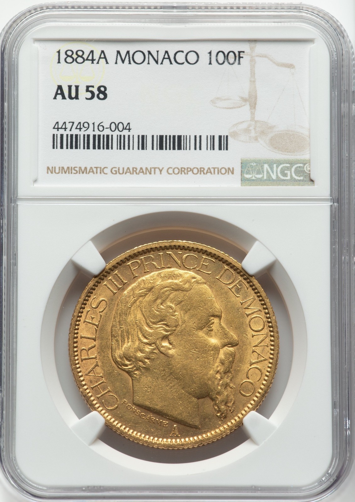 Monaco - 1896-A - Charles III - 100 Francs - NGC AU58 - LARGE 1oz GOLD PIECE!