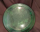 Vintage Jeanette Depression Green Glass Footed Cake Plate Sunflower Daisy