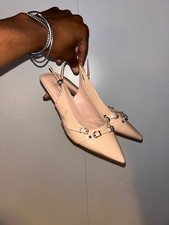 Madeline Nude Slingback Kitten Heel Pumps with Buckle Detail