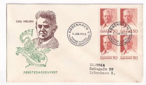 STAMP DENMARK  "CARL NIELSEN" 50 ORE 1965 FIRST DAY COVER BLOCK OF 4