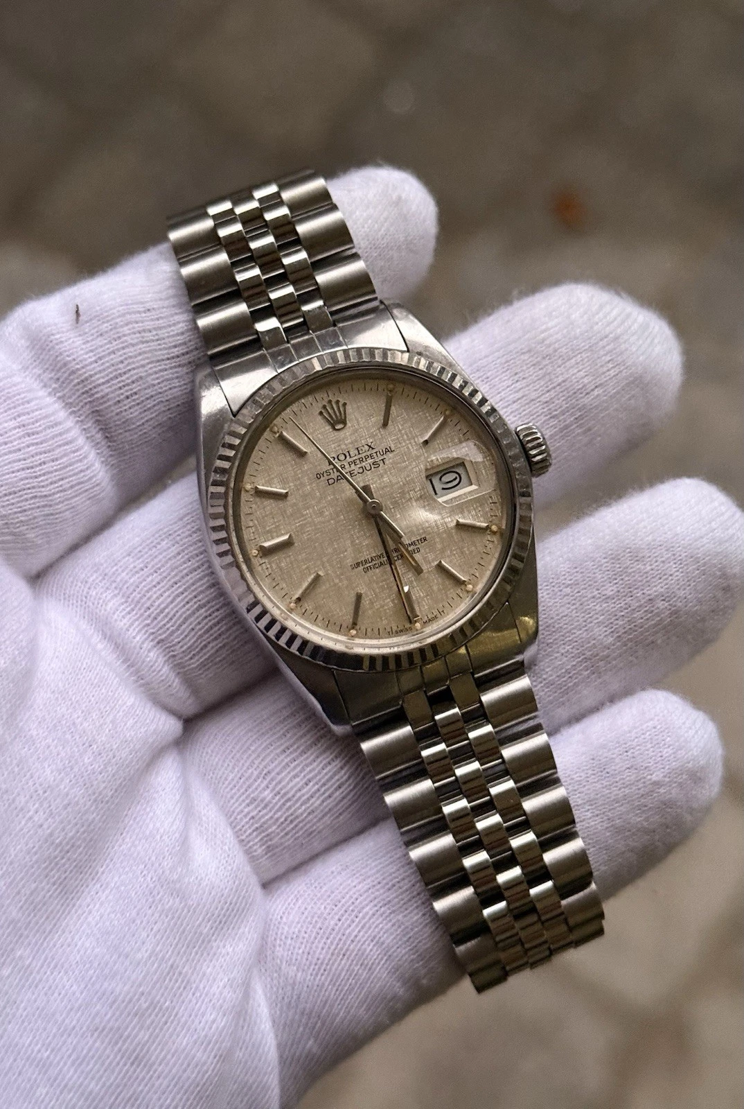 Rolex Datejust 36mm Silver Linen Dial White Gold Fluted Steel Jubilee 16014