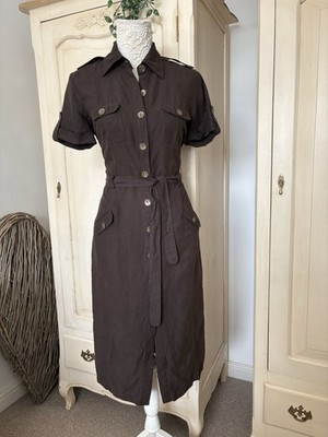 Jaeger Size  10 Brown Line Silk Blend Button Through Knee Length Belted Dress