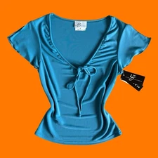 90's 00's vintage teal blue deep v bodycon flutter sleeve y2k top blouse XL nwt
