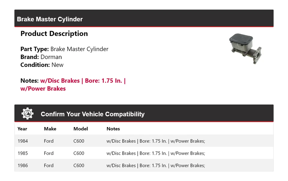 Cilindro maestro de freno para Ford C600 Dorman 1984-1986 1985 Foto 2 de 4