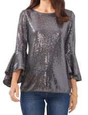 Vince Camuto Metallic Knit Flutter Sleeve Top - Dark Silver, XXL , $89