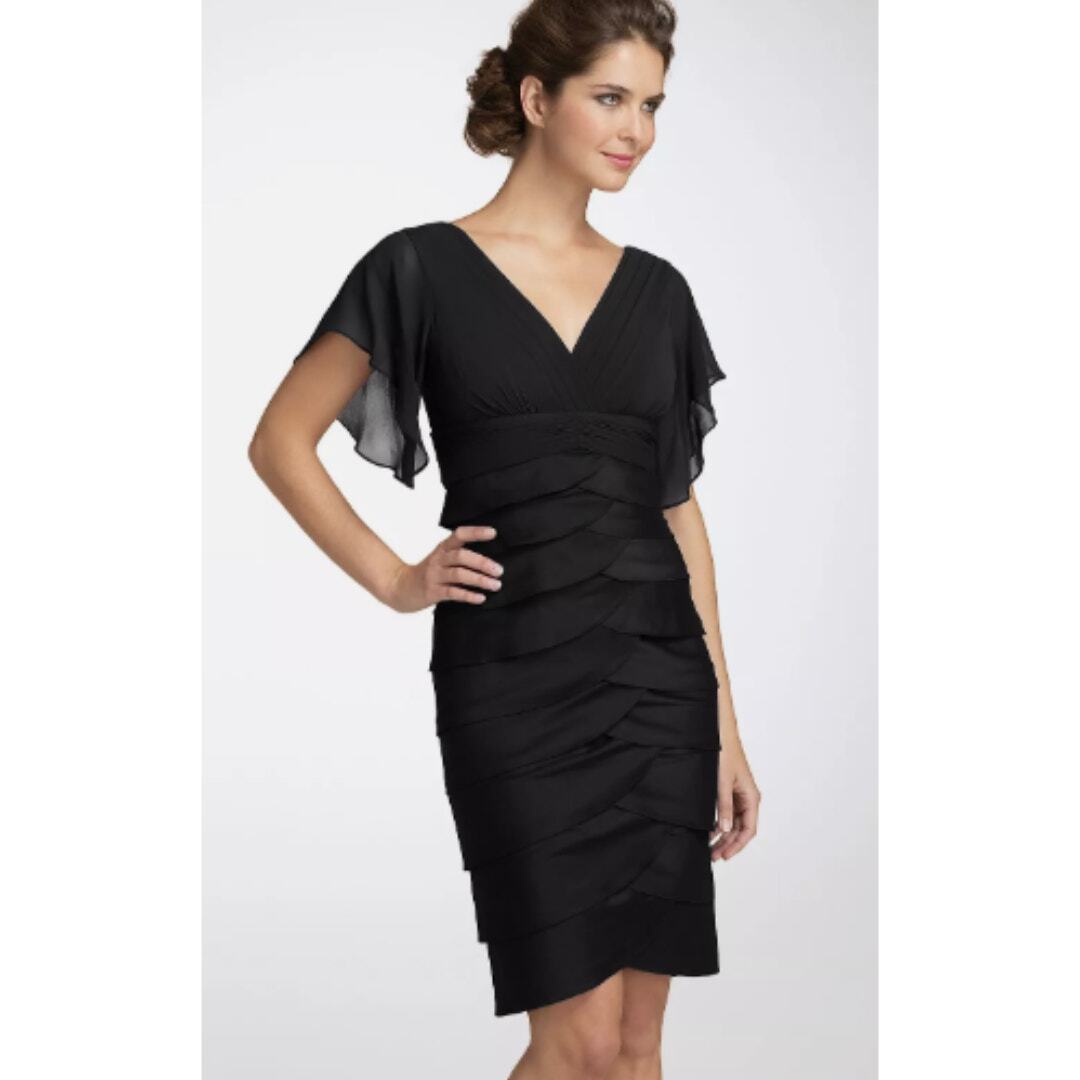 adrianna papell black tiered dress Black Sleeveless Notch Neck Tiered Mesh Gown