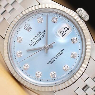 Rolex Herren Datejust 1601 Eisblau Diamant 18K Gold Stahl Uhr W / Gefaltete Band