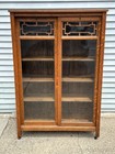 Antique Arts & Crafts Oak Bookcase with sliding Glass Doors Display Cabinet