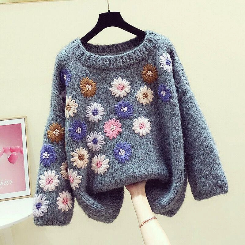 Fashion Women Handmake Flower Sweater Vintage Style Knitted Pullover Jumper Tops - Image 3 of 4