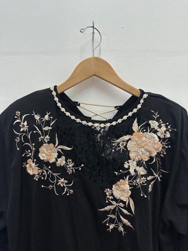 Lacy Afternoon VTG Black Sequin Foral Lace Embellished Blouse Top Women 2xl - Picture 2 of 7