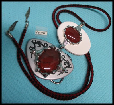 Hand Made MATCHING RED/BROWN Stone BUCKLE & BOLO with Silver Feather Tips