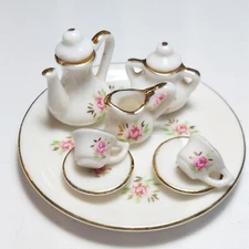 Miniature Porcelain Tea Set gold trim rose pattern 10 pieces by Rice Products