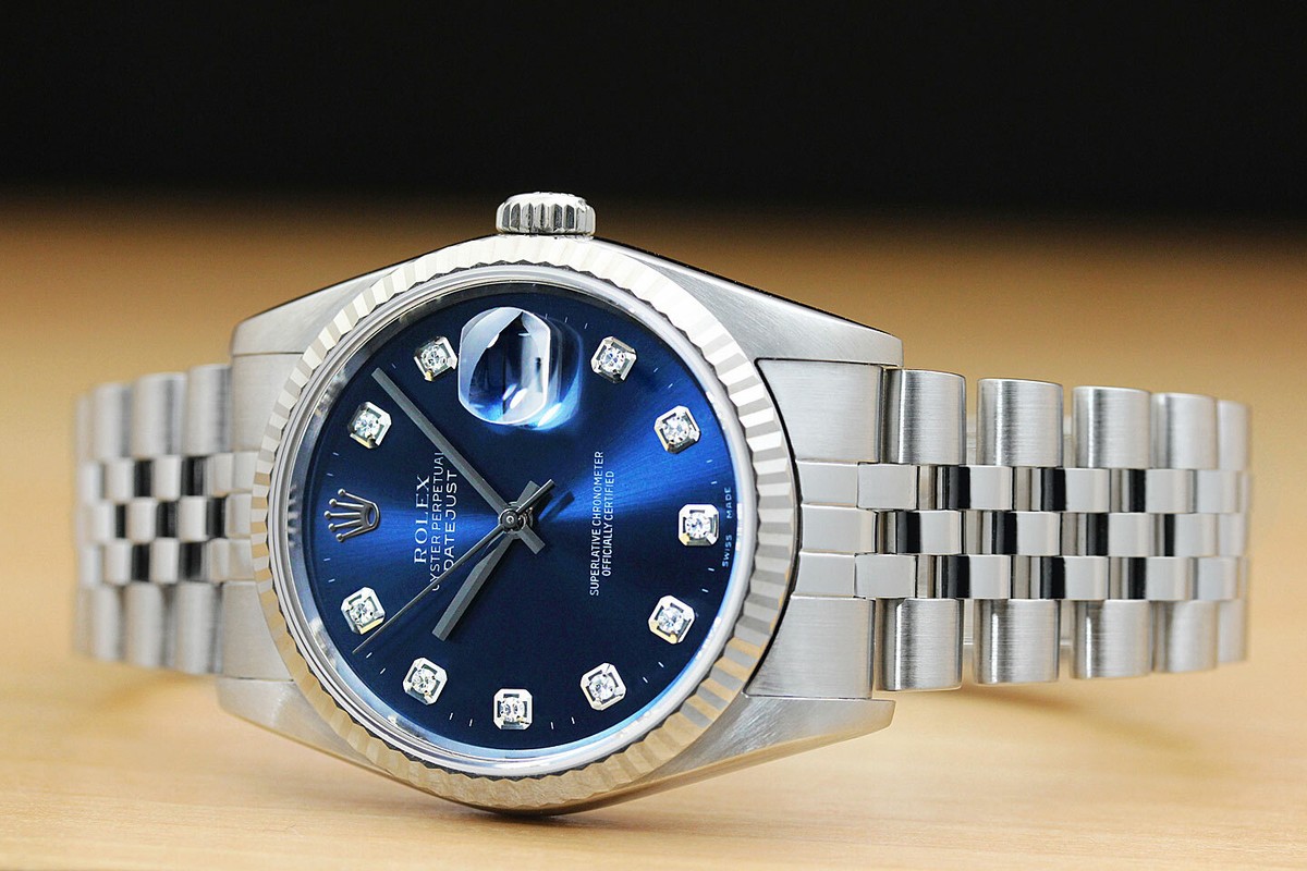 MENS ROLEX DATEJUST 16234 BLUE DIAMOND QUICKSET 18K WHITE GOLD