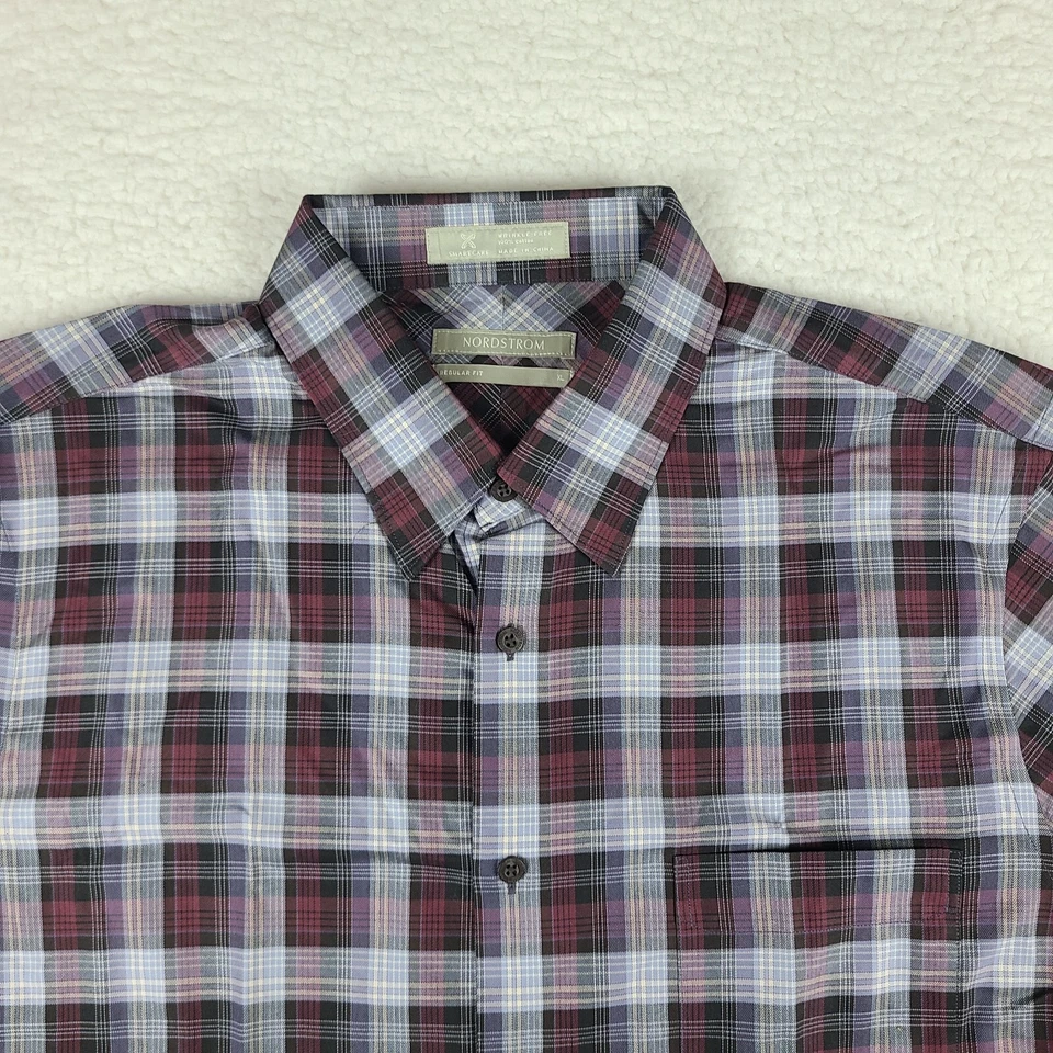 Camisa de vestir Nordstrom para hombre XL azul negro rojo sin arrugas ajuste regular abotonada Foto 3 de 4