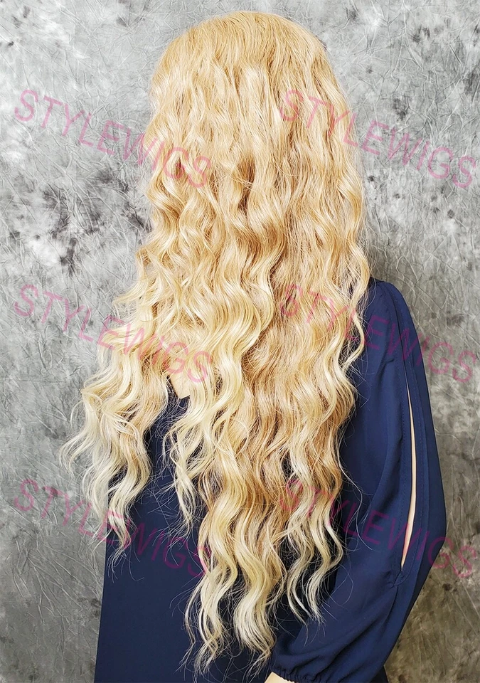 Peluca Rubia Clara Ombre Larga Ondulada Encaje Frontal Calor OK Mezcla Cabello Humano EVEW Foto 4 de 4
