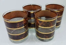 4 MCM GEORGES BRIARD BROWN GOLD TENNIS WHISKEY GLASSES BARWARE SIGNED