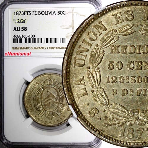 Bolivia Silver 1873 PTS FE 50 Centavos NGC AU58 "12 GS" Light Toned KM# 161.1(0) - 第 1/4 張圖片
