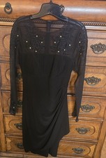 Black Mesh Bodycon Dress Beaded Ruched Knee Length Sheer Long Sleeves