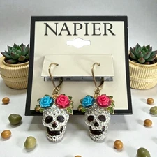 Napier 1 5/8" Skull-Day Of The Dead-Drop Earrings-NWT